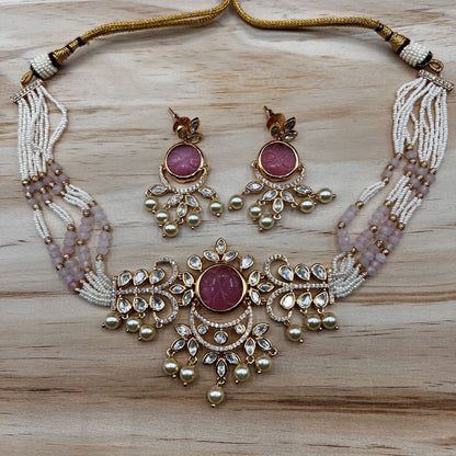 Fashion - Elegant Pink Carved Stone Kundan, Bead Mix Choker Necklace Set