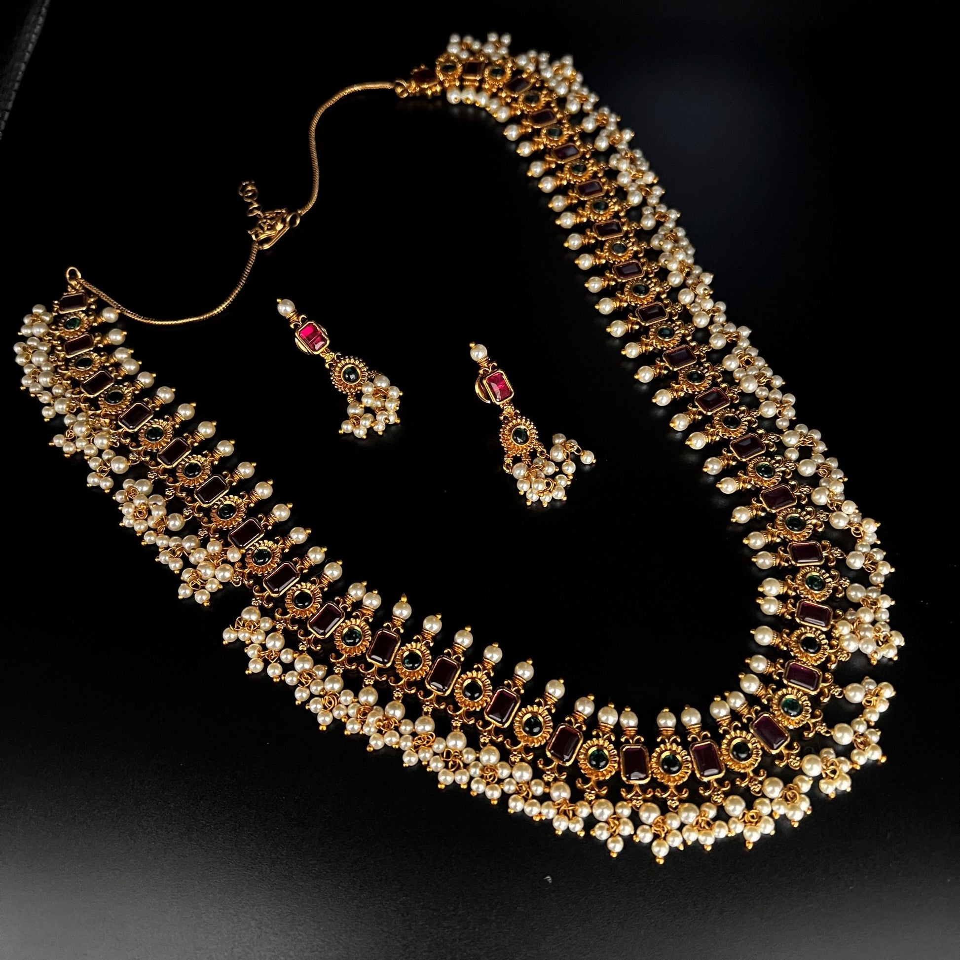 Fashion - Festive Style Ruby Pink, Green Color Antique Traditional Necklace Set With Gold Tone Plating