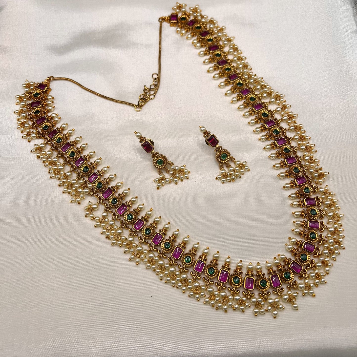 Fashion - One-Of-A-Kind Classic Ruby Pink & Green Antique Traditional Long Necklace Set