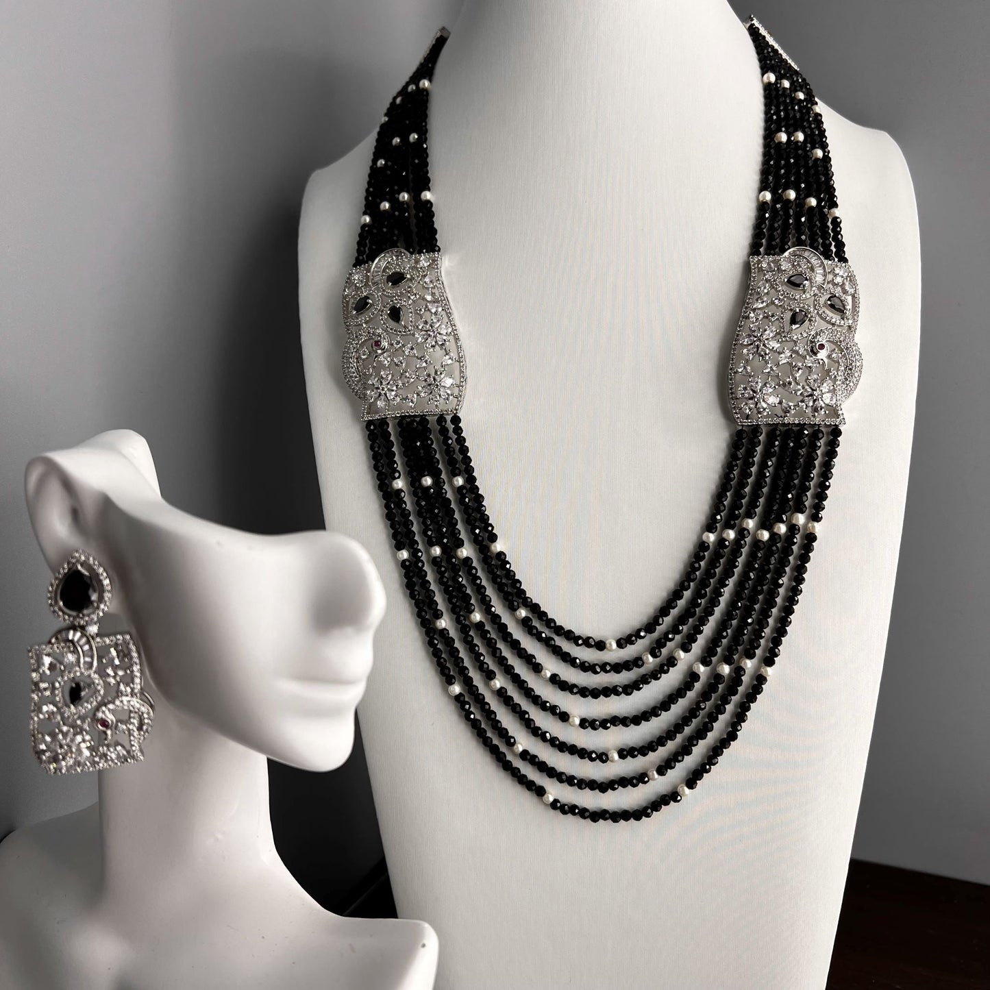 Fashion - Exclusive Designer Peacock Design Black Beads & AD/CZ Stone, Bead Mix Long Necklace Set