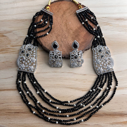 Fashion - Exclusive Designer Peacock Design Black Beads & AD/CZ Stone, Bead Mix Long Necklace Set