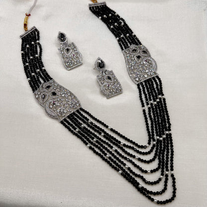 Fashion - Exclusive Designer Peacock Design Black Beads & AD/CZ Stone, Bead Mix Long Necklace Set