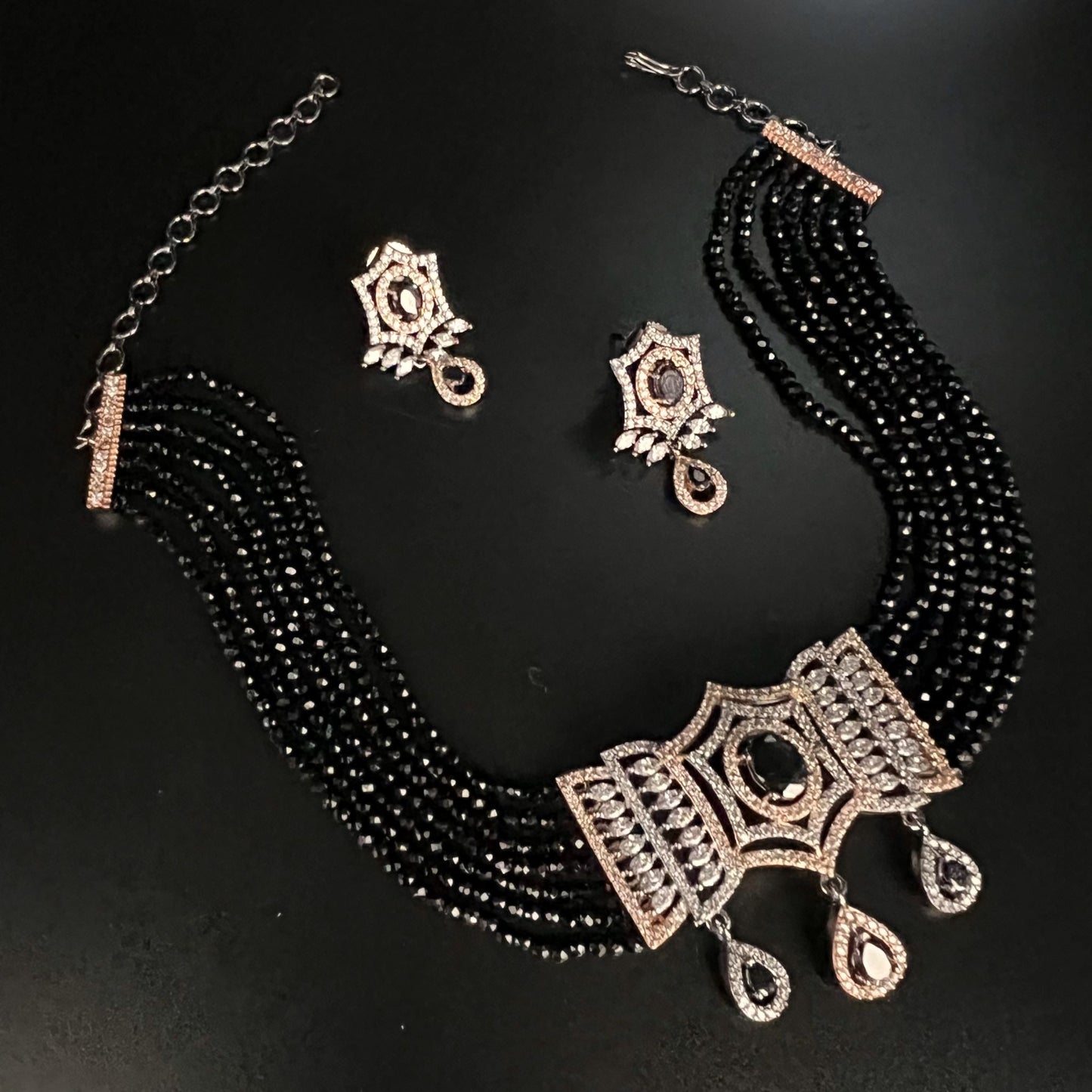 Fashion - Designer Trendy Style Black Color AD/CZ, Bead Mix Necklace Set With Black Tone Plating