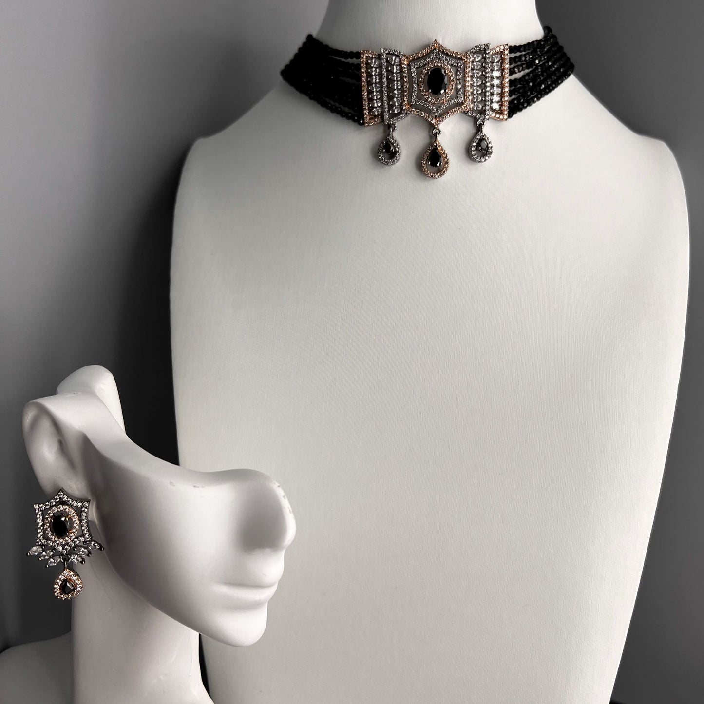 Fashion - Victorian Style Black Beads & AD/CZ Stone, Bead Mix Choker Necklace Set