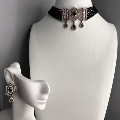 Fashion - Victorian Style Black Beads & AD/CZ Stone, Bead Mix Choker Necklace Set