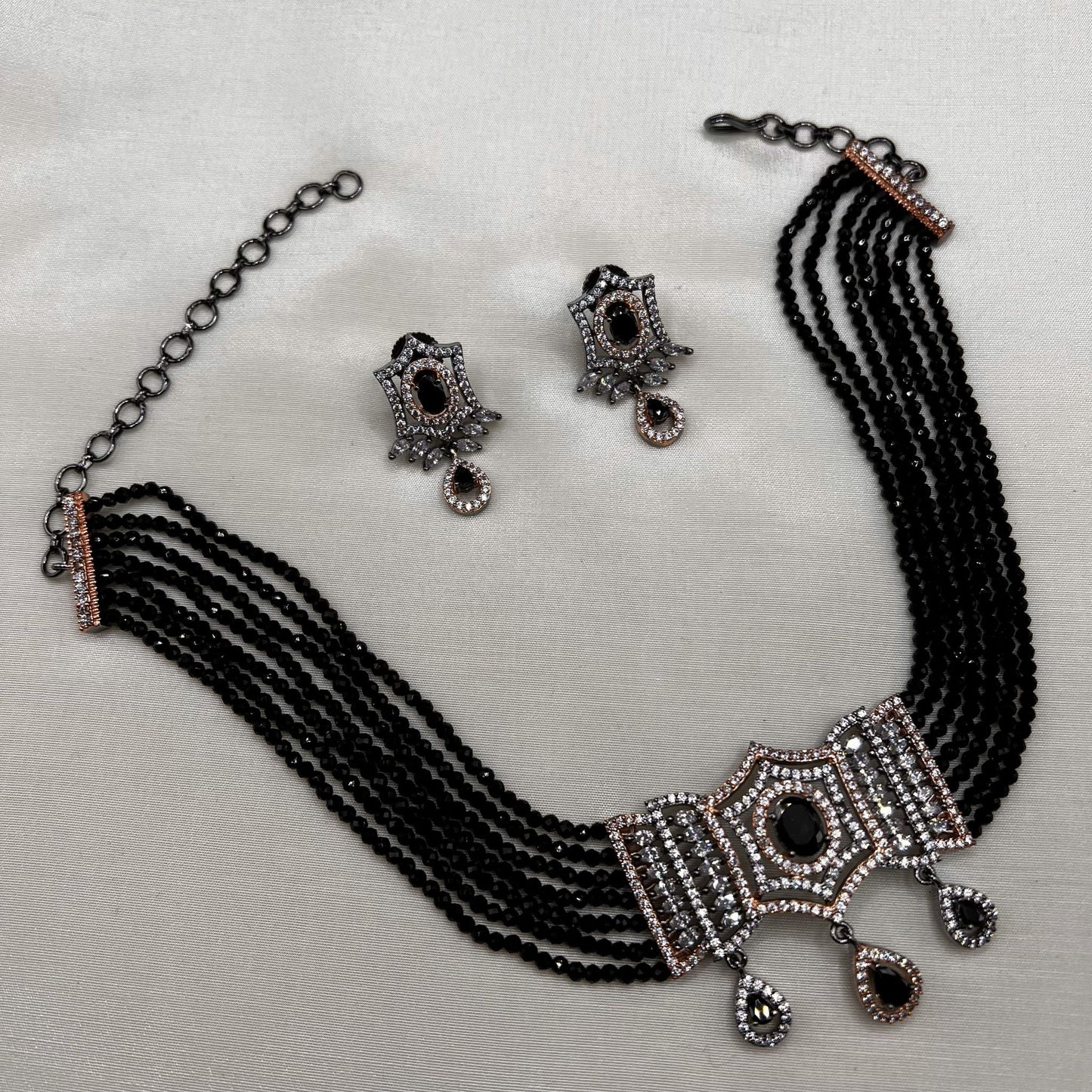 Fashion - Victorian Style Black Beads & AD/CZ Stone, Bead Mix Choker Necklace Set