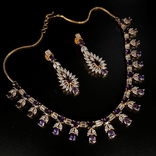 Fashion - Classic Style Purple Color AD/CZ Necklace Set With Gold Tone Plating