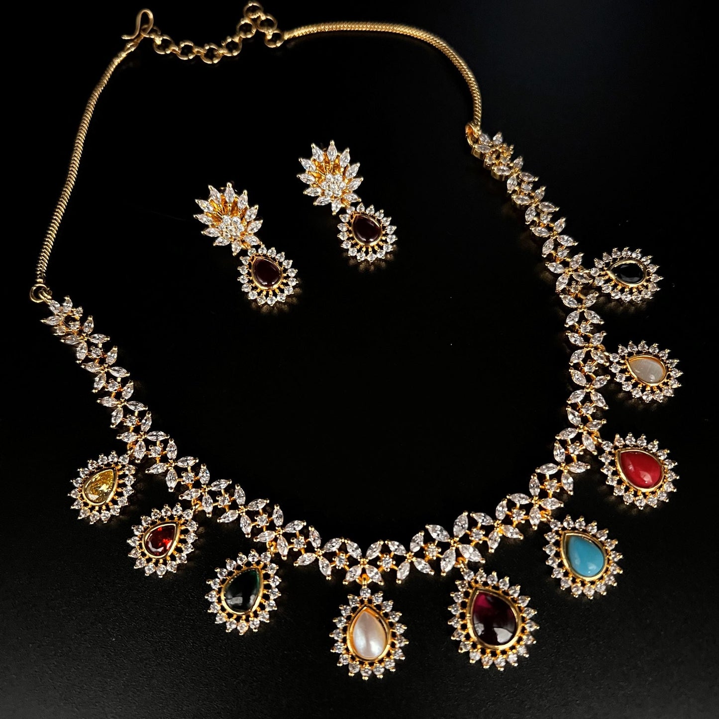 Fashion - Classic Style Multi Color Antique Traditional, AD/CZ Necklace Set With Gold Tone Plating