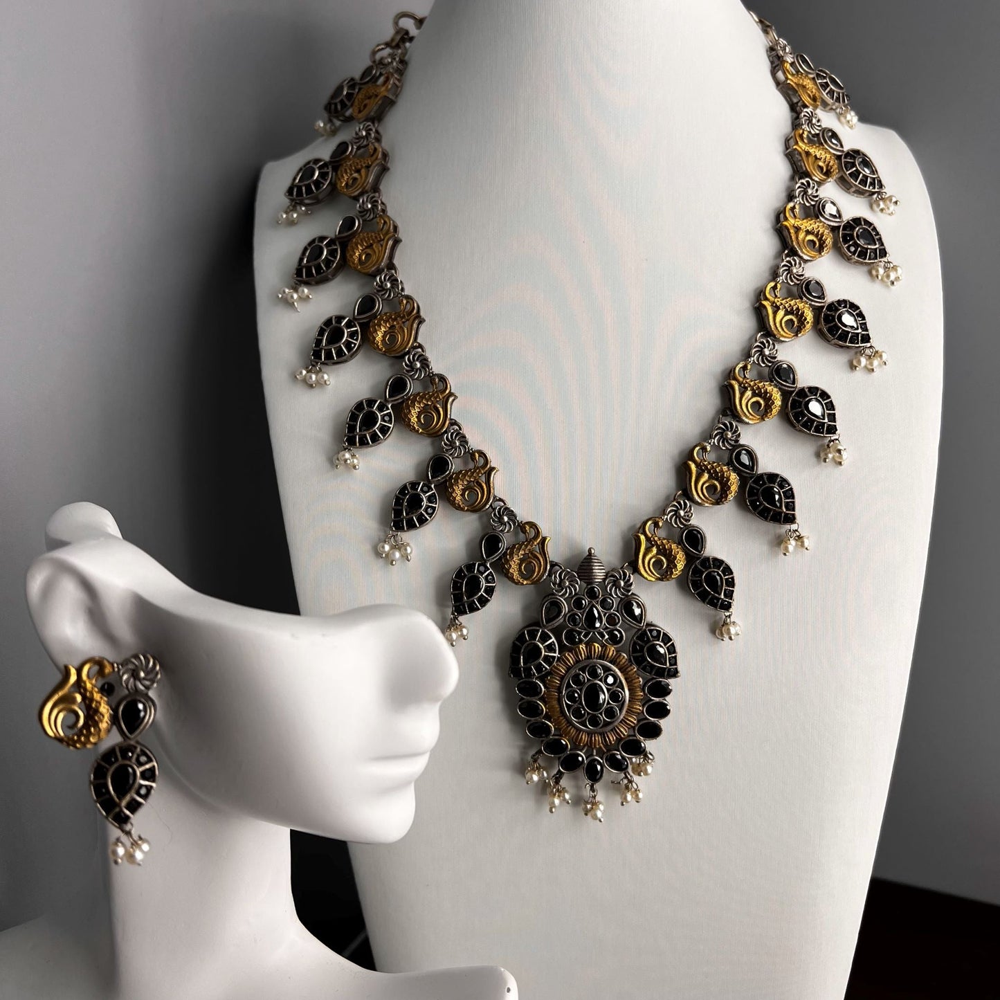 Fashion - Festive Peacock Design Black Color Oxidized Necklace Set