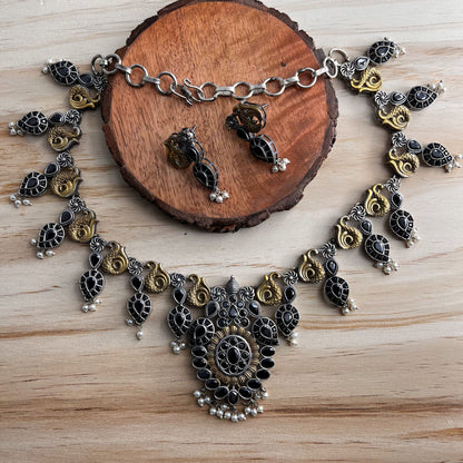 Fashion - Festive Peacock Design Black Color Oxidized Necklace Set