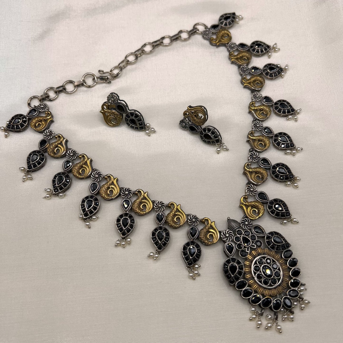 Fashion - Festive Peacock Design Black Color Oxidized Necklace Set