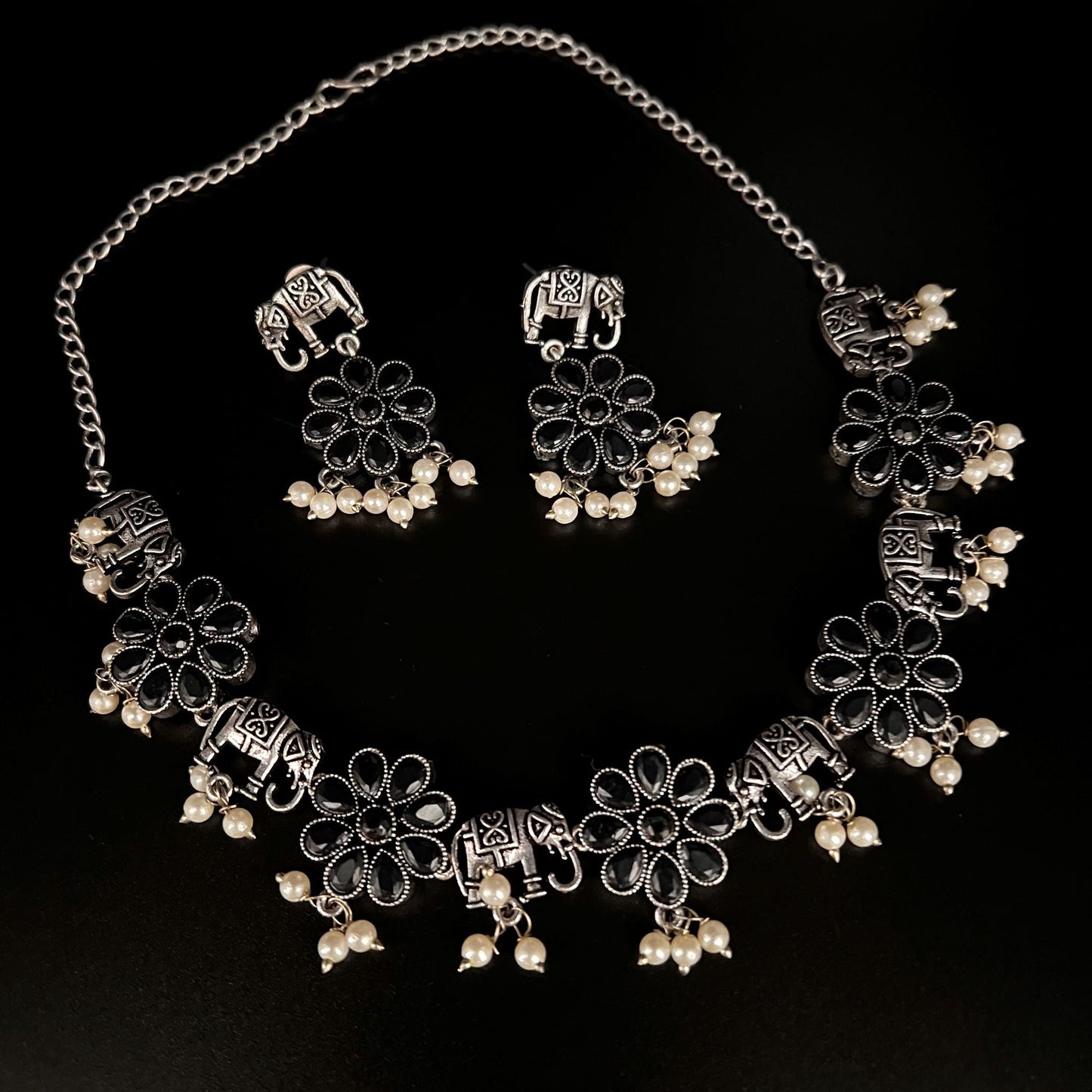 Fashion - Elephant Design Classic Style Black Color Oxidized Necklace Set With Oxidized Silver Tone Plating