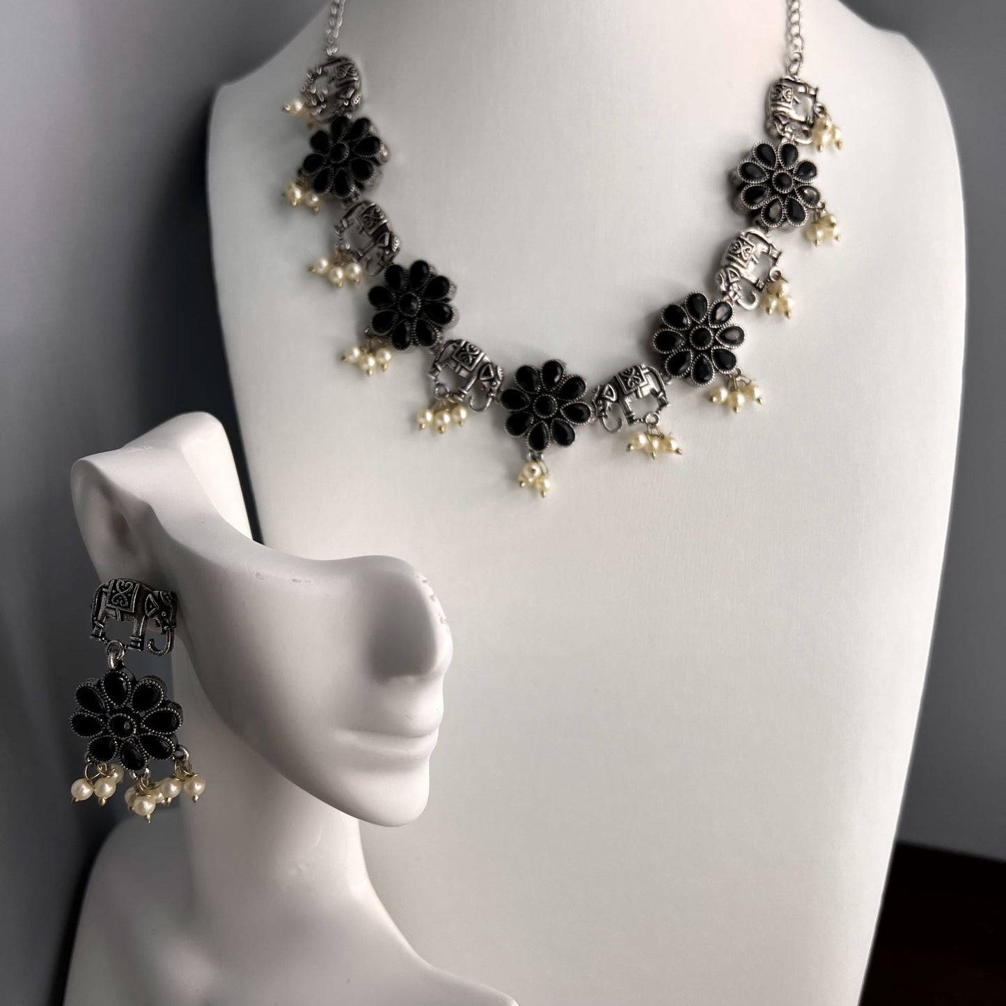 Fashion - Elephant Motifs Black Oxidized Necklace Set