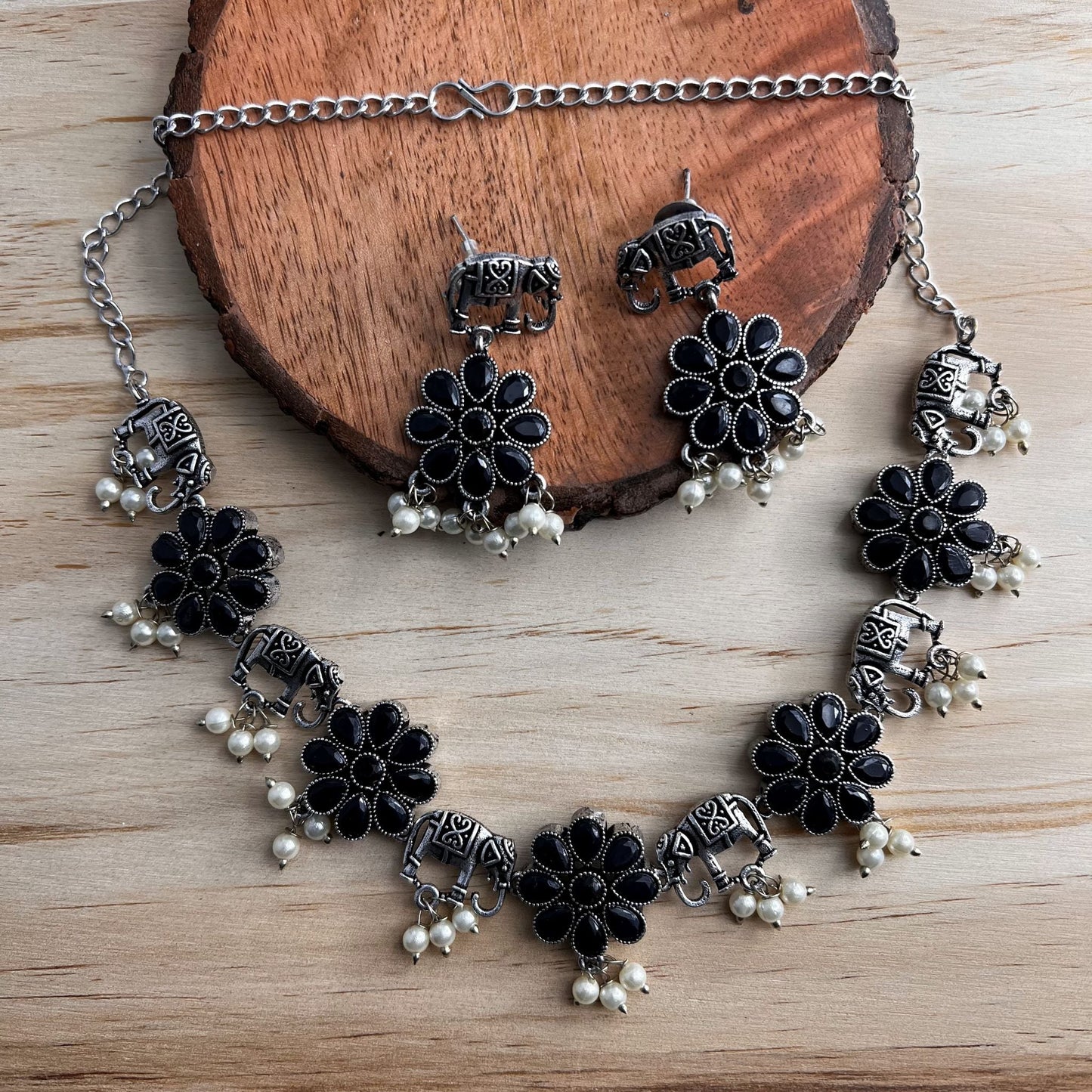 Fashion - Elephant Motifs Black Oxidized Necklace Set