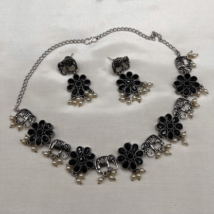 Fashion - Elephant Motifs Black Oxidized Necklace Set