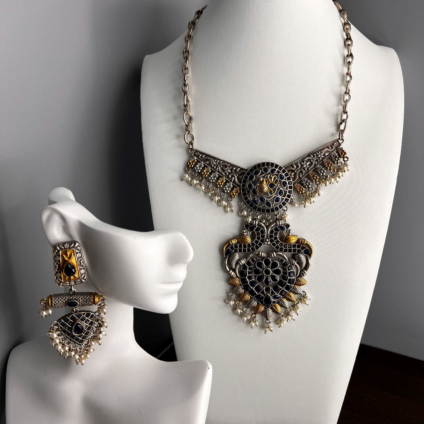 Fashion - Trendy Peacock Design Navy Blue Oxidized Necklace Set