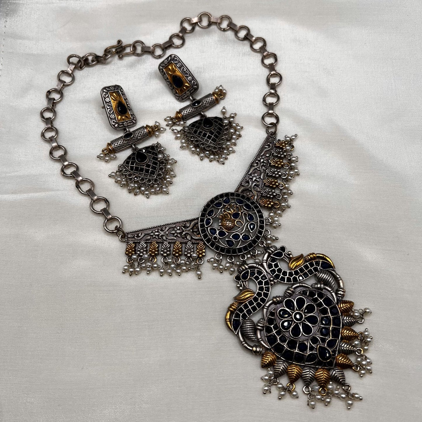 Fashion - Trendy Peacock Design Navy Blue Oxidized Necklace Set