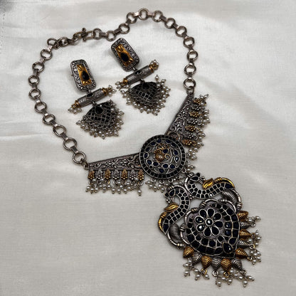 Fashion - Trendy Peacock Design Navy Blue Oxidized Necklace Set