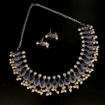 Fashion - Classic Style Blue Color Oxidized Necklace Set With Oxidized Silver Tone Plating