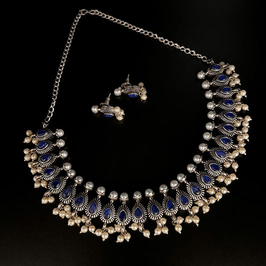 Fashion - Classic Style Blue Color Oxidized Necklace Set With Oxidized Silver Tone Plating