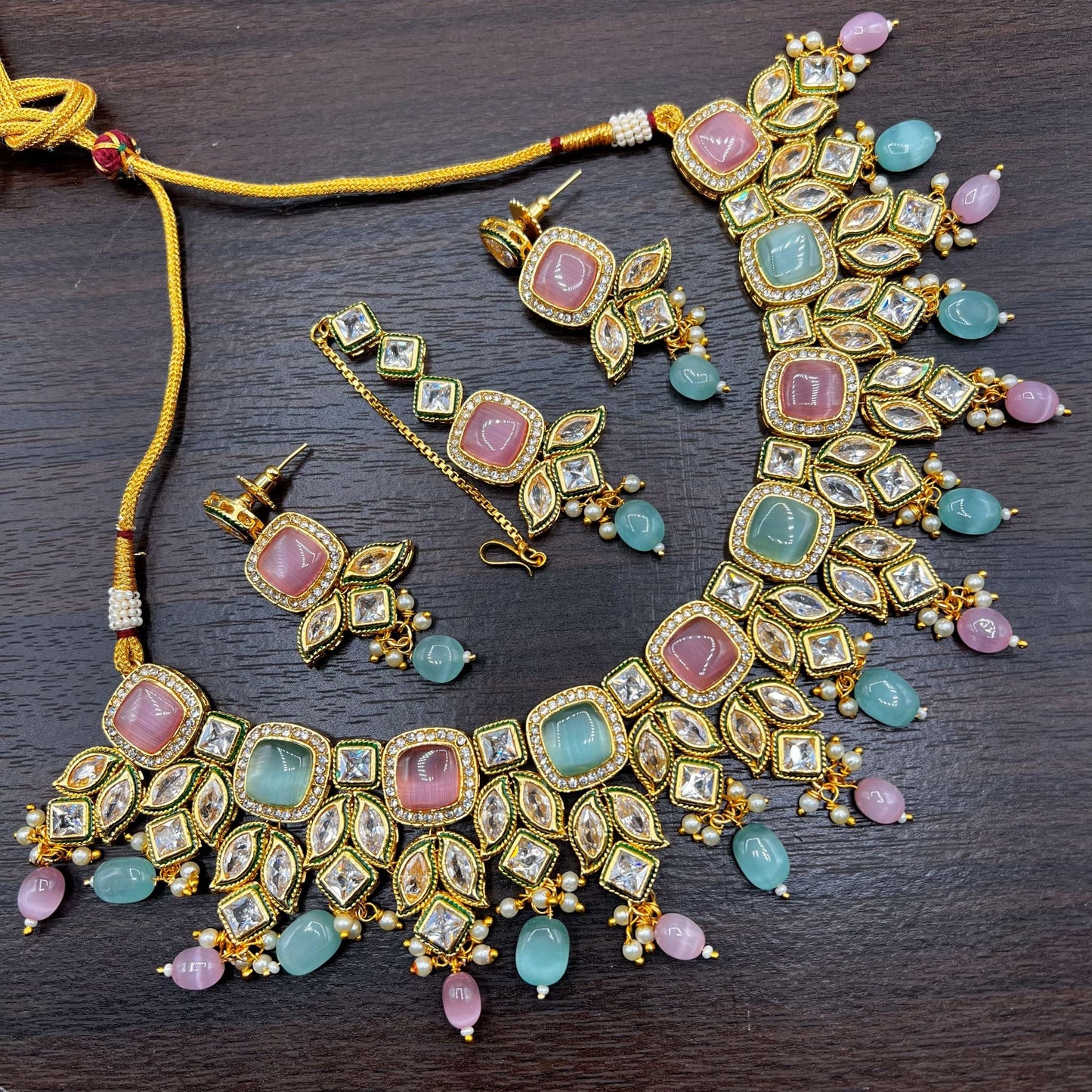 Fashion - Designer Festive Style Mint Green, Pink Color Monalisa Stone Jewelry Set With Gold Tone Plating