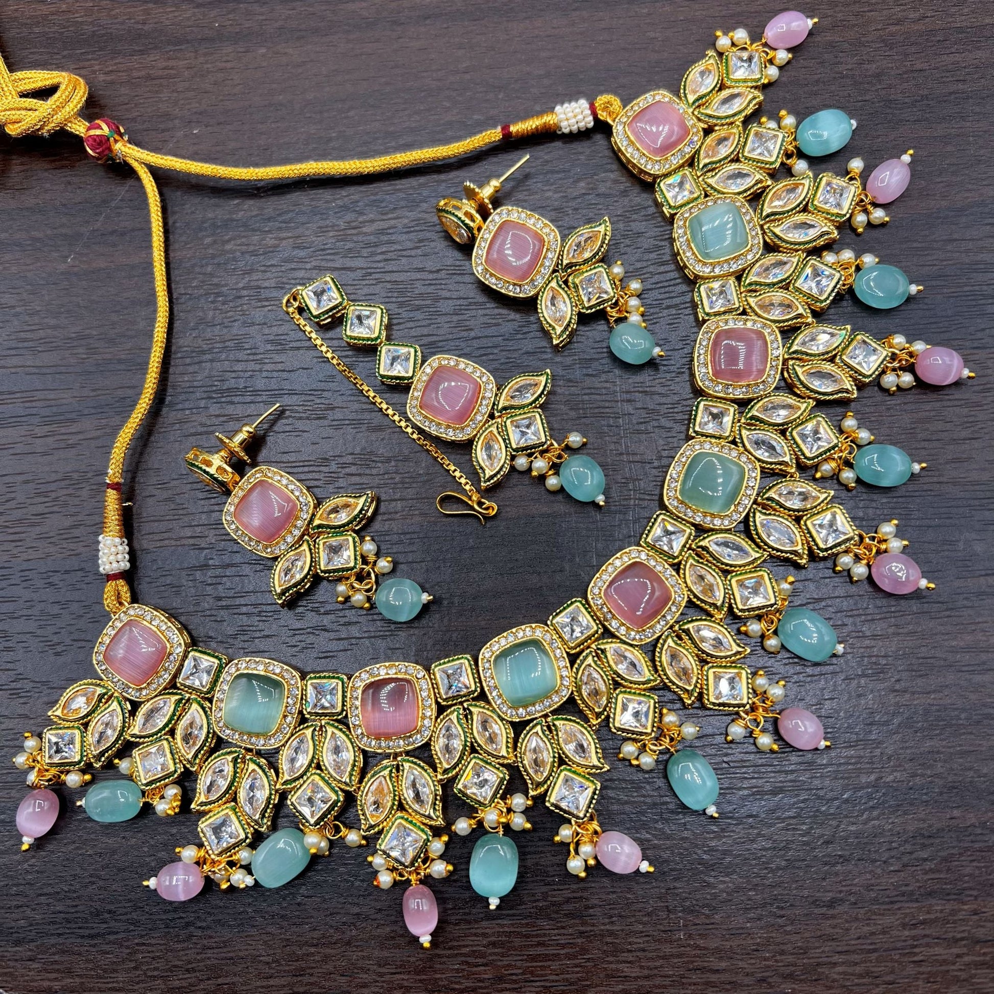 Fashion - Designer Festive Style Mint Green, Pink Color Monalisa Stone Jewelry Set With Gold Tone Plating