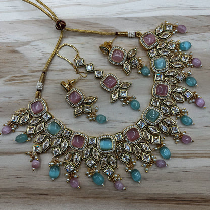 Fashion - Eye Catching Festive Mint Green & Pink Monalisa Stone Jewelry Set