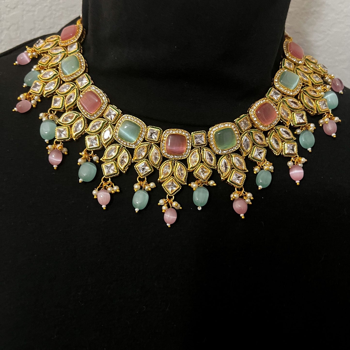 Fashion - Eye Catching Festive Mint Green & Pink Monalisa Stone Jewelry Set