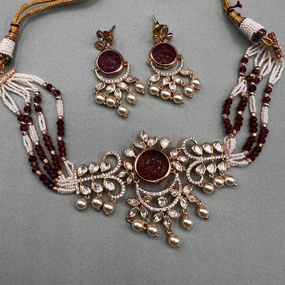 Fashion - Designer Classic Style Dark Red Color Kundan, Bead Mix Necklace Set With Rose Gold Tone Plating