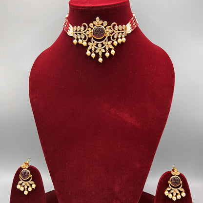 Fashion - Elegant Dark Red Carved Stone Kundan, Bead Mix Choker Necklace Set