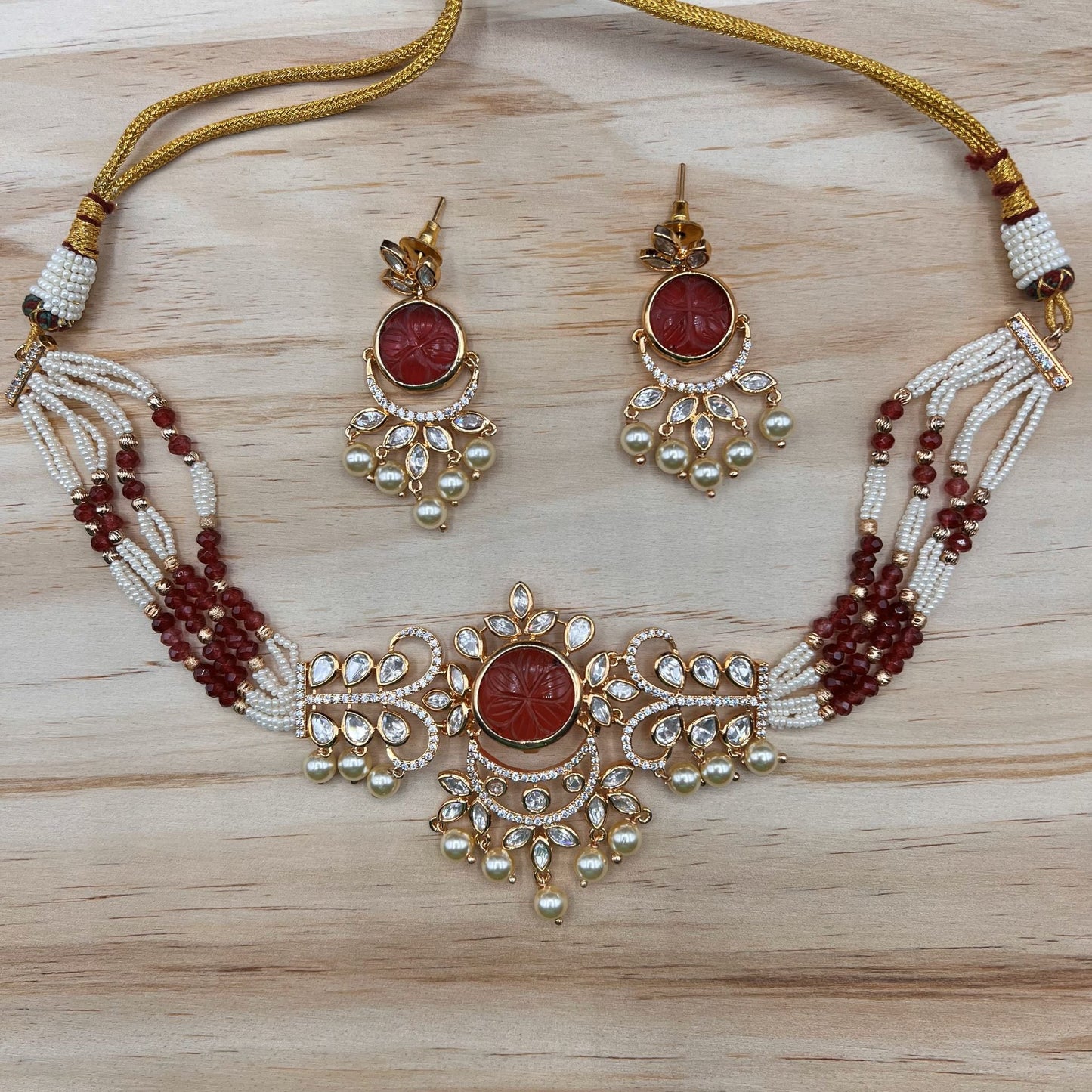 Fashion - Elegant Dark Red Carved Stone Kundan, Bead Mix Choker Necklace Set