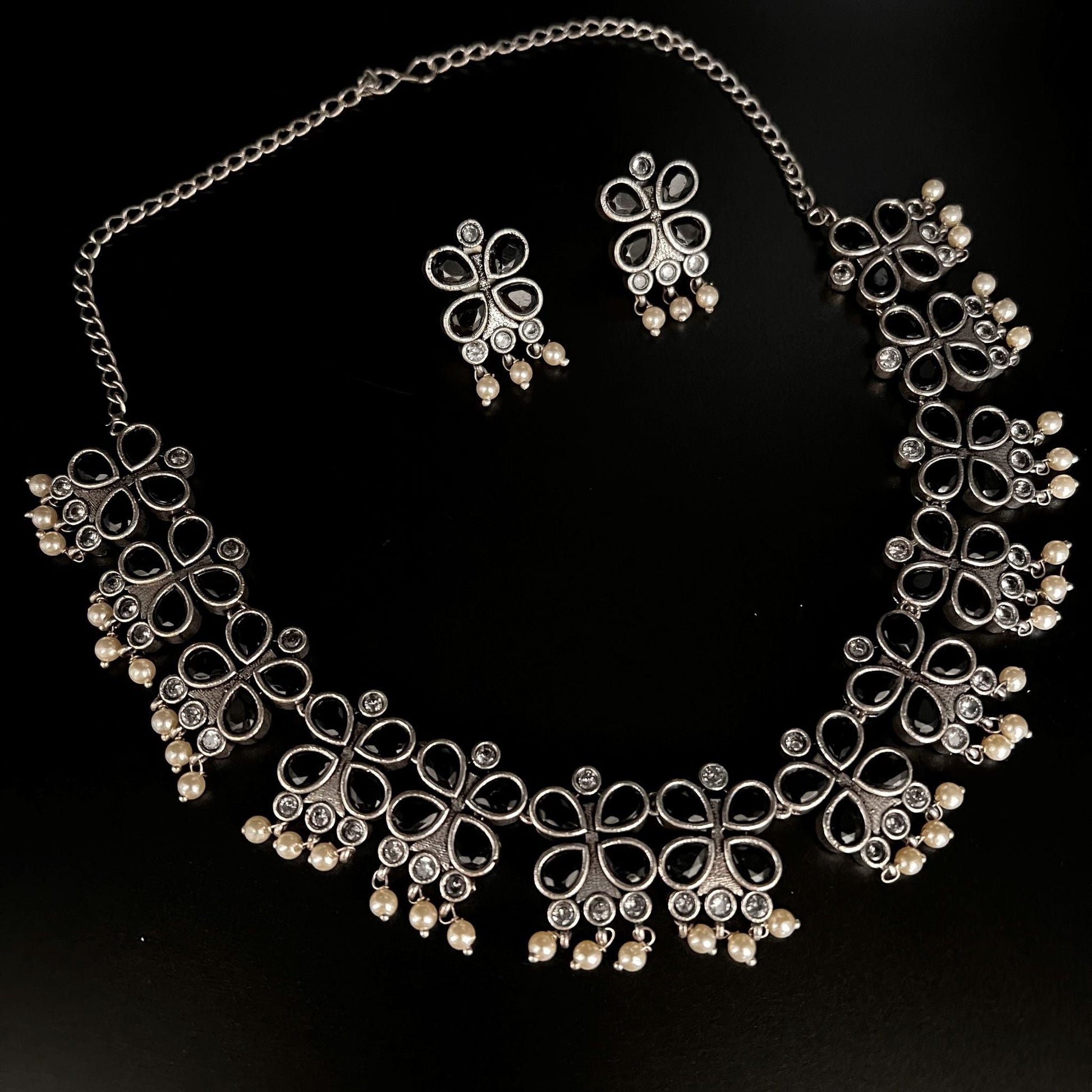 Fashion - Trendy Style Black Color Oxidized Necklace Set With Oxidized Silver Tone Plating