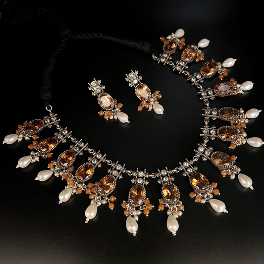 Fashion - Trendy Style Orange Color Oxidized Necklace Set With Oxidized Black Tone Plating