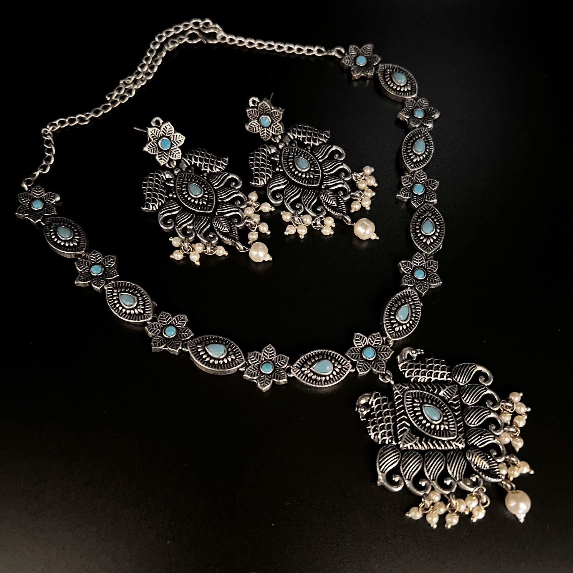 Fashion - Peacock Design Classic Style Aqua Blue Color Oxidized Necklace Set With Oxidized Silver Tone Plating