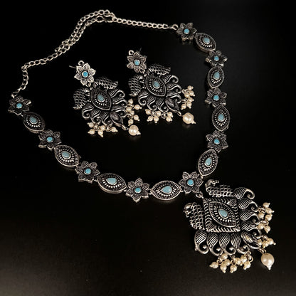 Fashion - Peacock Design Classic Style Aqua Blue Color Oxidized Necklace Set With Oxidized Silver Tone Plating