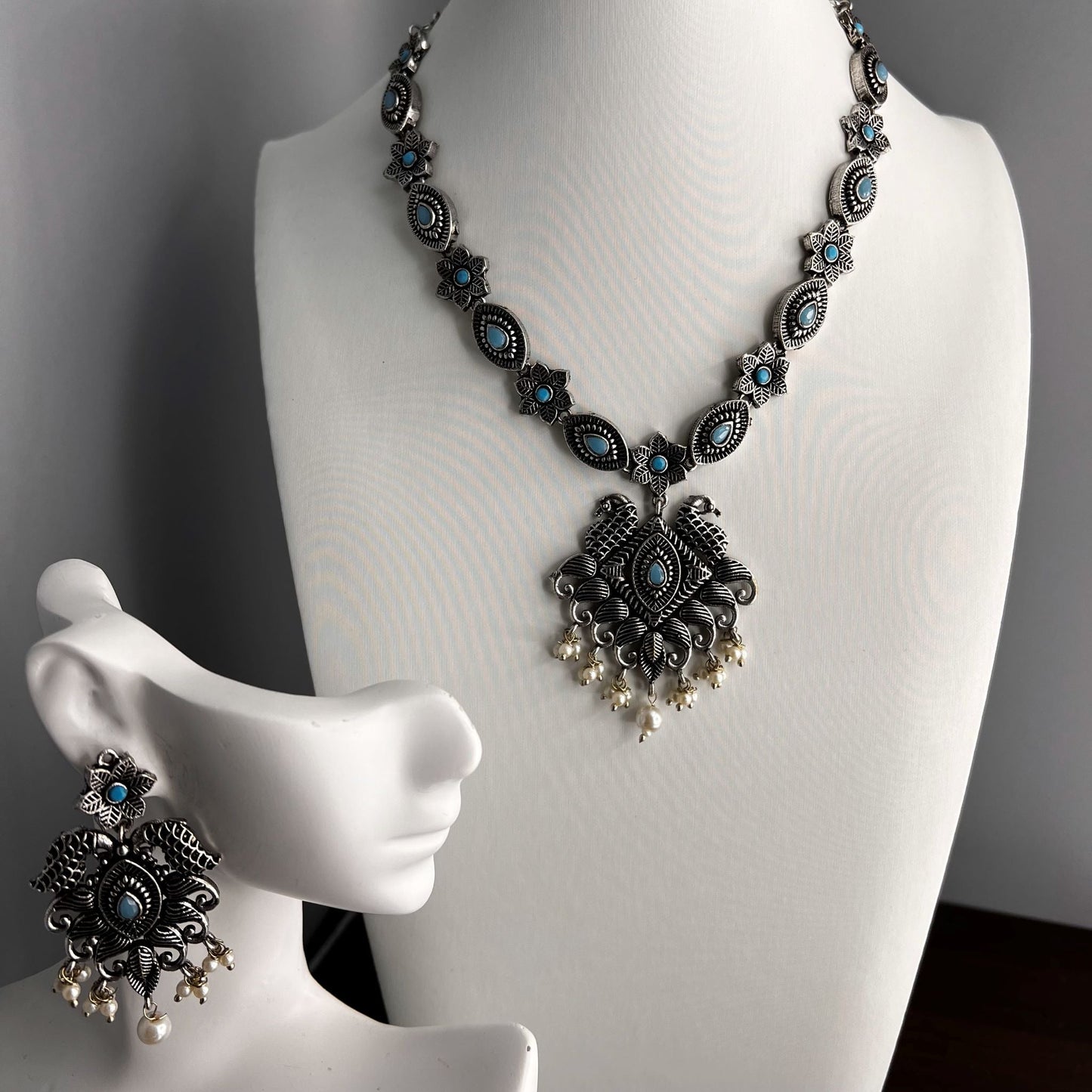 Fashion - Peacock Design Aqua Blue Oxidized Necklace Set