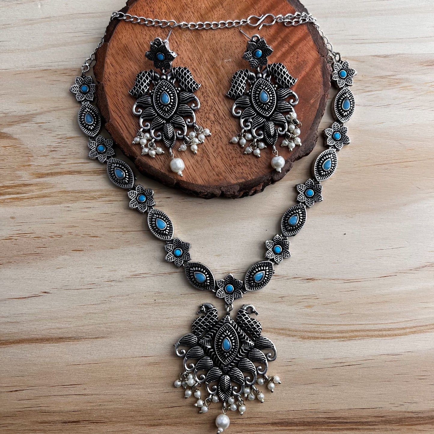 Fashion - Peacock Design Aqua Blue Oxidized Necklace Set