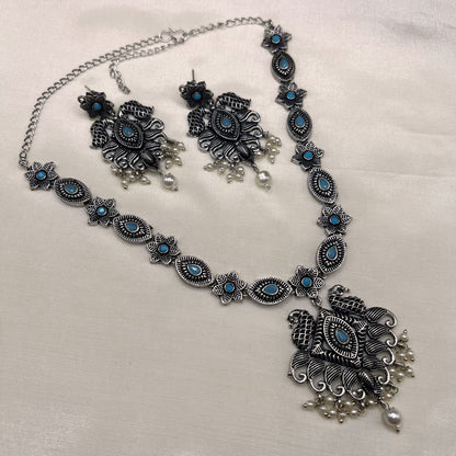 Fashion - Peacock Design Aqua Blue Oxidized Necklace Set