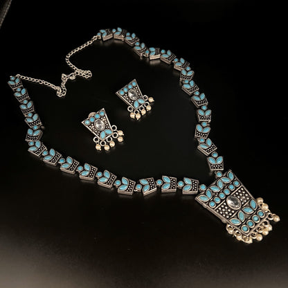 Fashion - Classic Style Aqua Blue Color Oxidized Necklace Set With Oxidized Silver Tone Plating