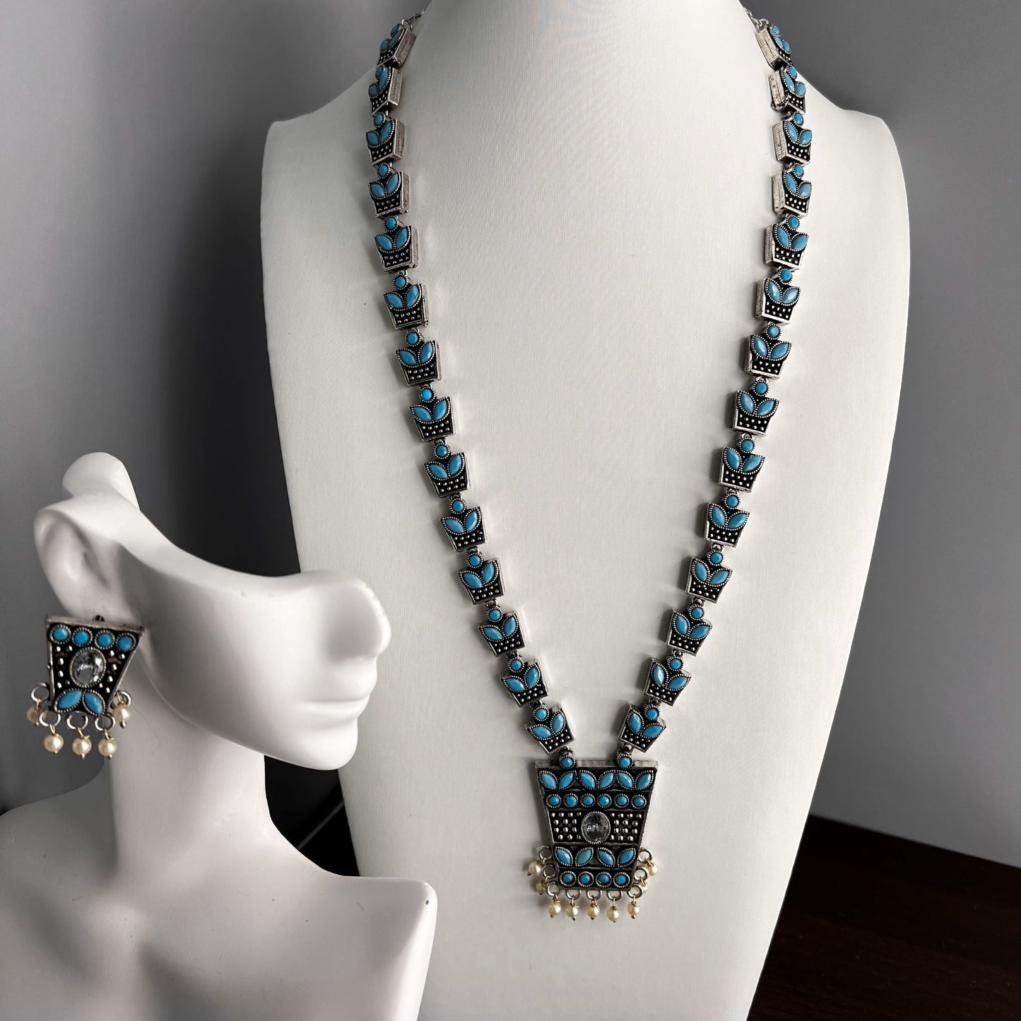 Fashion - Trendy Aqua Blue Oxidized Long Necklace Set