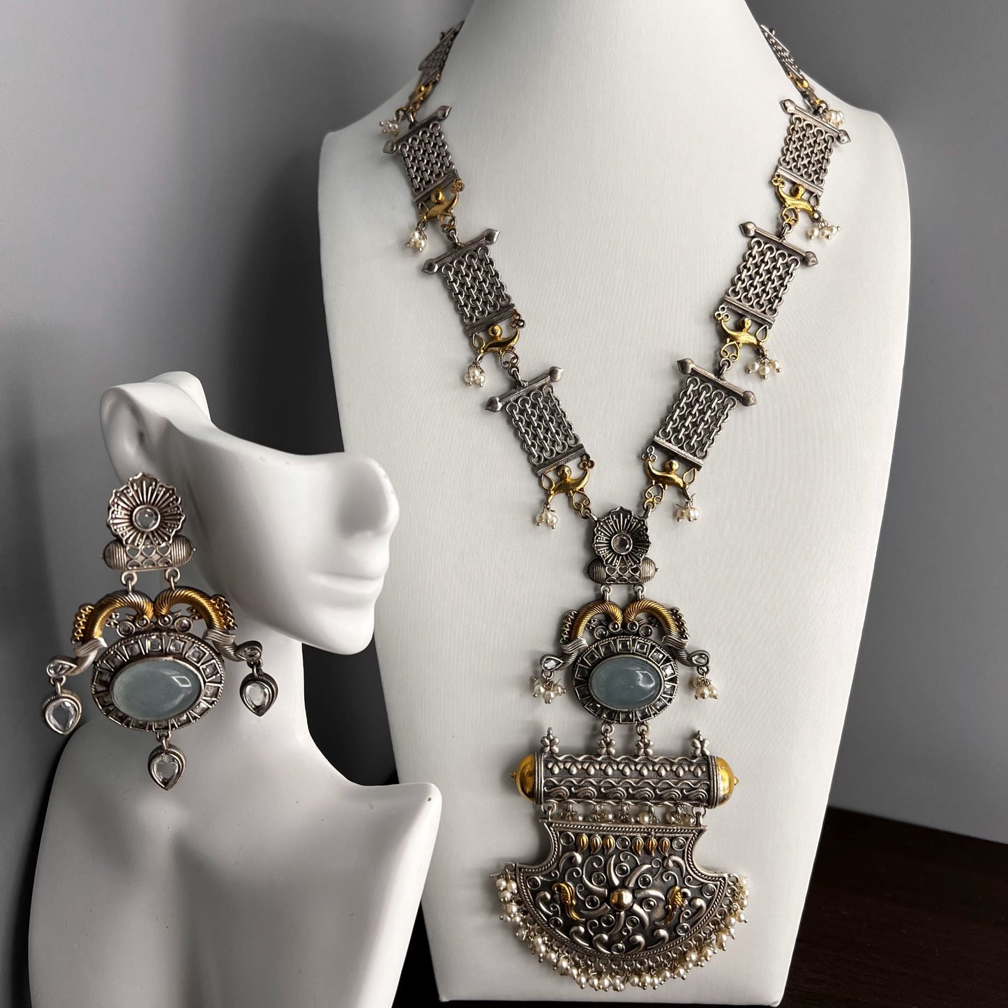 Fashion - Exclusive Peacock Design Aqua Blue Oxidized Long Necklace Set