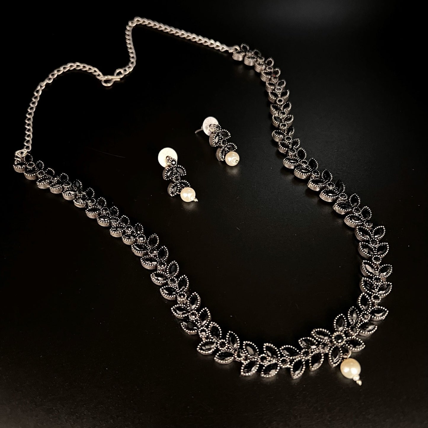 Fashion - Dainty Style Black Color Oxidized Necklace Set With Oxidized Silver Tone Plating