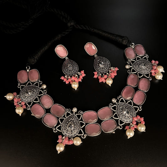 Fashion - Trendy Style Pink Color Oxidized Necklace Set With Oxidized Silver Tone Plating