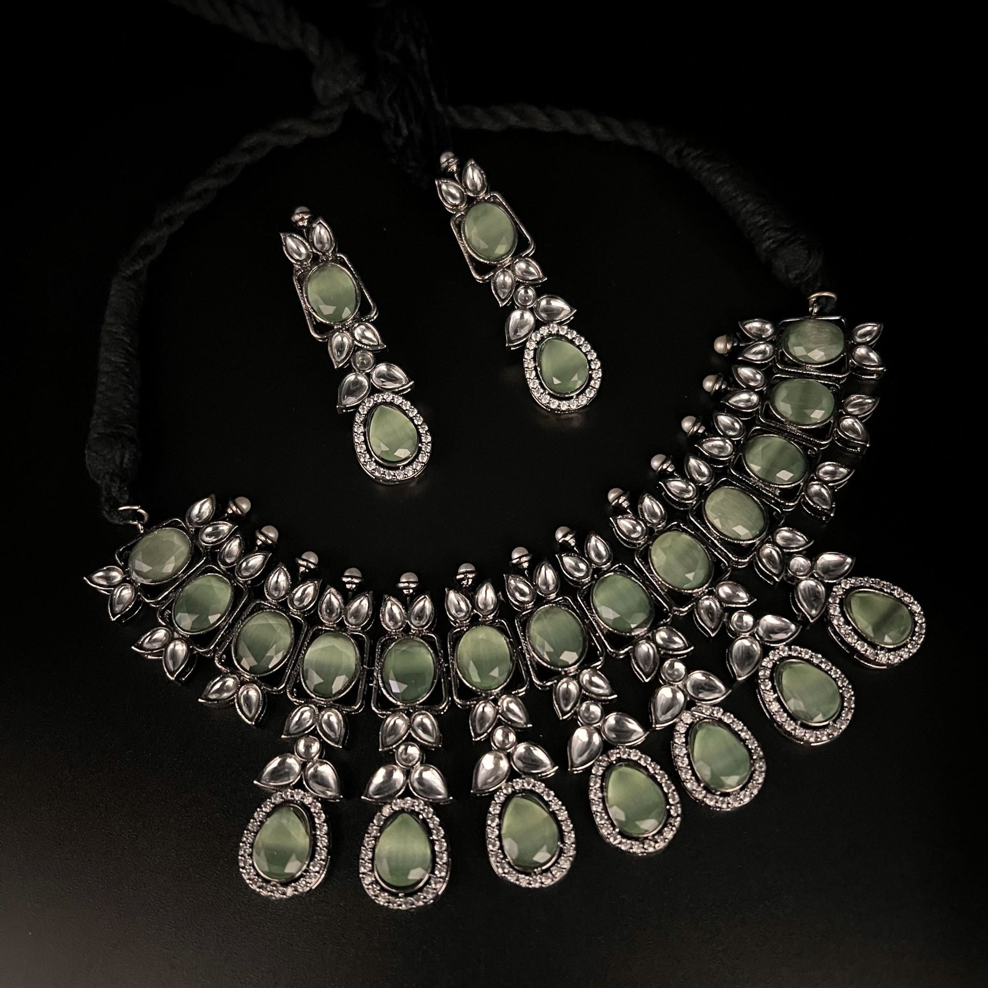 Fashion - Trendy Style Light Green Color Oxidized Necklace Set With Oxidized Silver Tone Plating