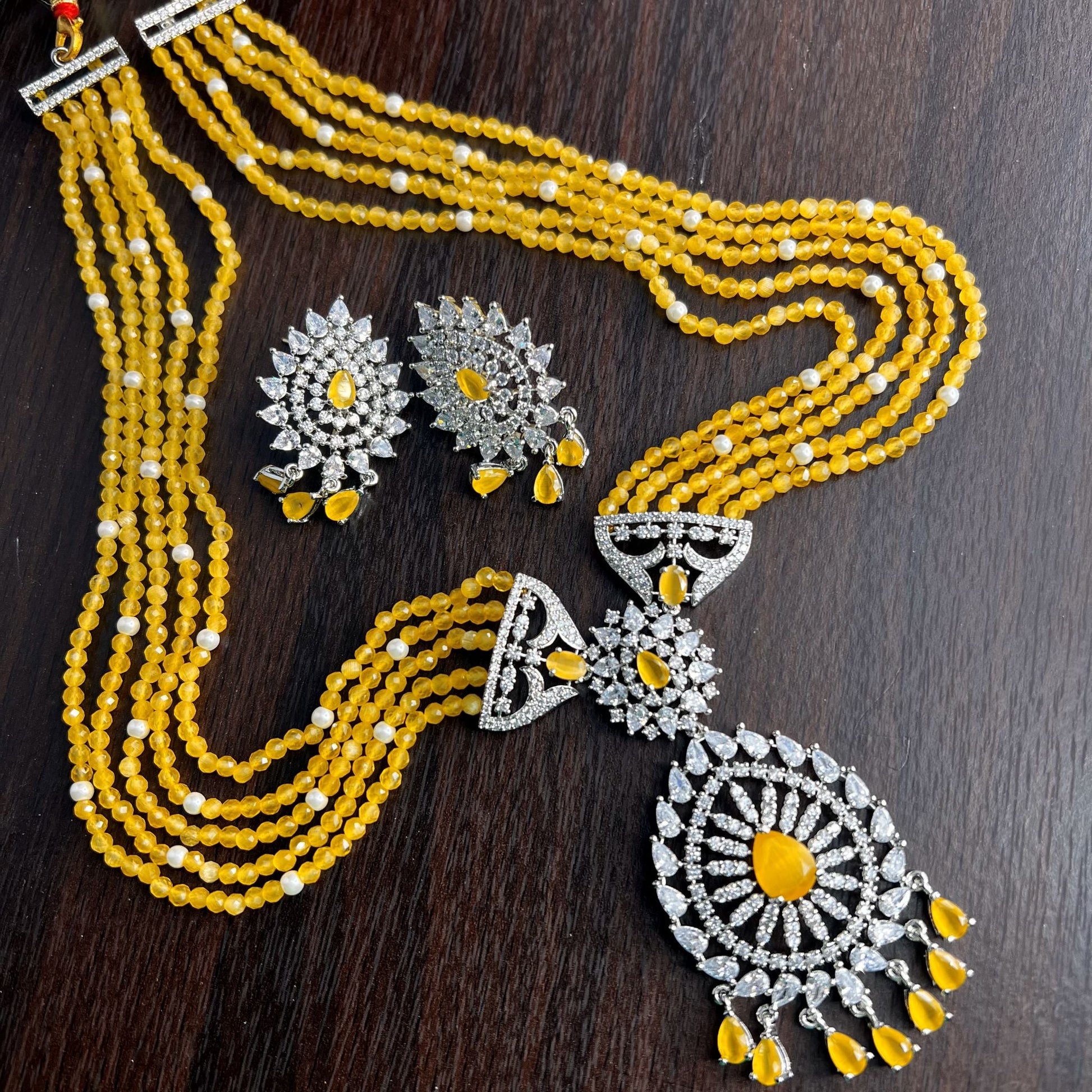 Fashion - Classic Style Yellow Color AD/CZ, Bead Mix Necklace Set With Rhodium Plating