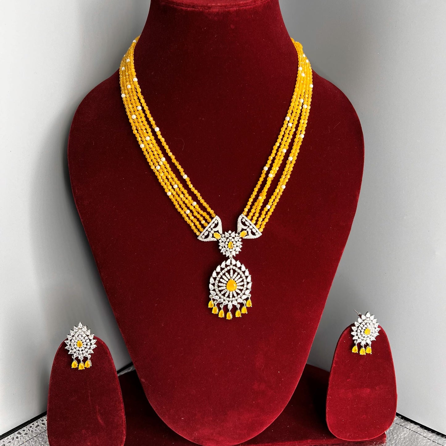 Fashion - Elegant Yellow AD/CZ Stone, Bead Mix Necklace Set