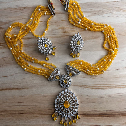 Fashion - Elegant Yellow AD/CZ Stone, Bead Mix Necklace Set