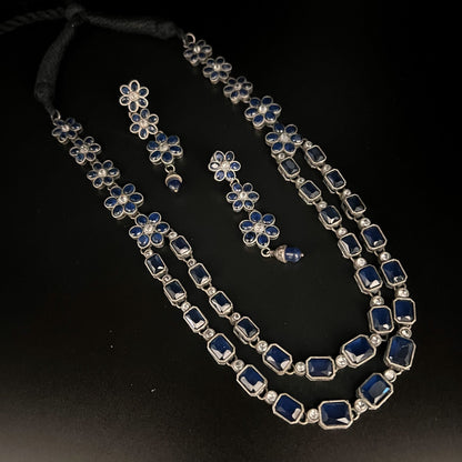 Fashion - Classic Style Blue Color Oxidized Necklace Set With Oxidized Silver Tone Plating