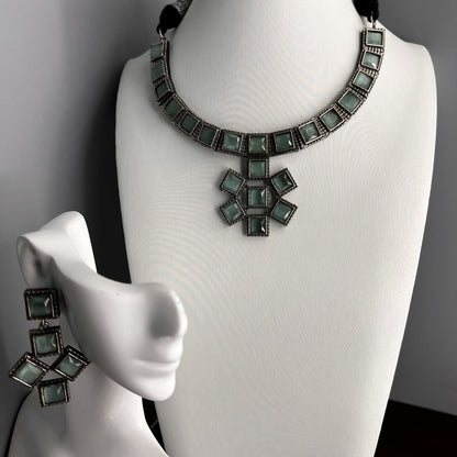 Fashion - Trendy Flower Shaped Pendant Mint Green Oxidized Necklace Set