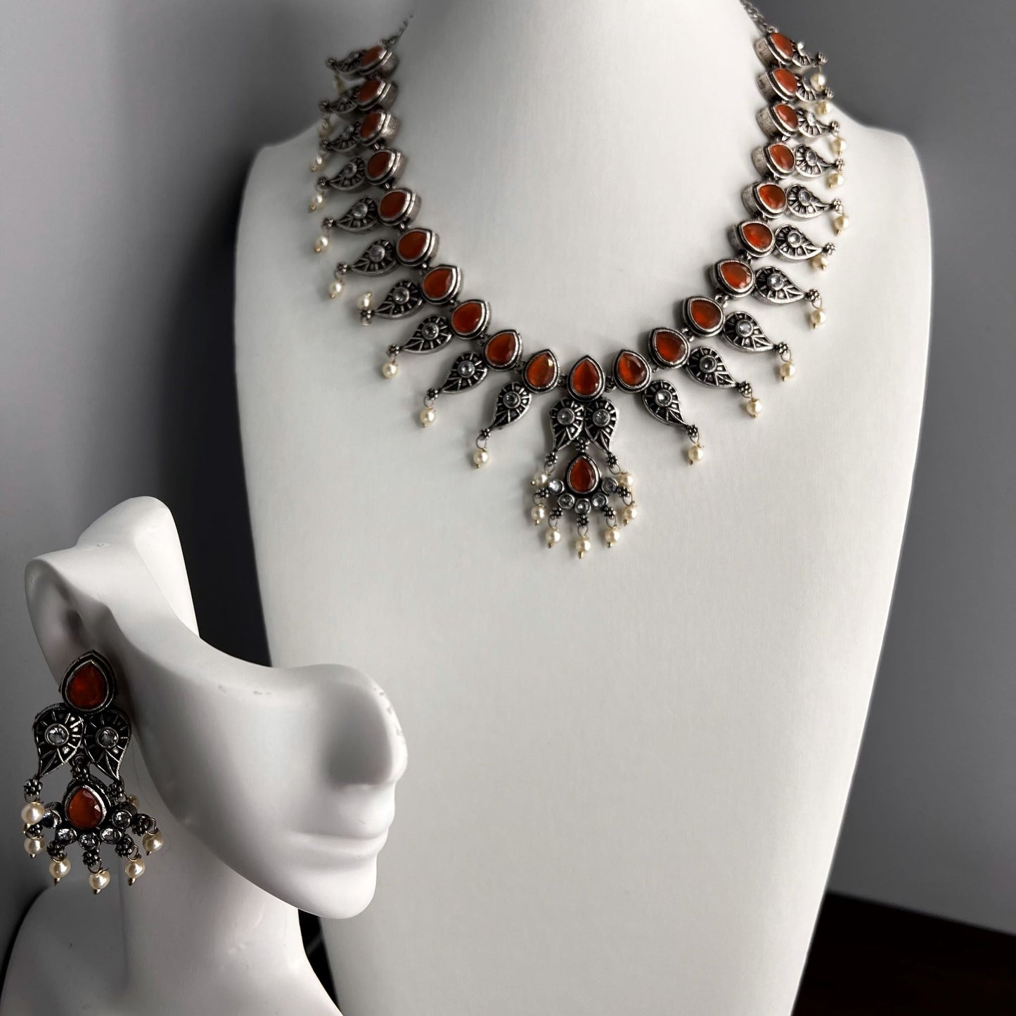 Fashion - Classic Mango Motifs Orange Oxidized Necklace Set